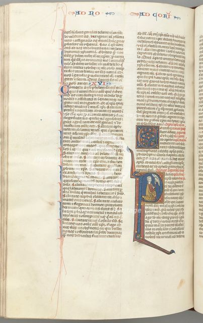 Fol. 440v, Corinthians I, historiated initial P, Paul kneeling talking to the bust of God above, c.  Creator: Unknown.