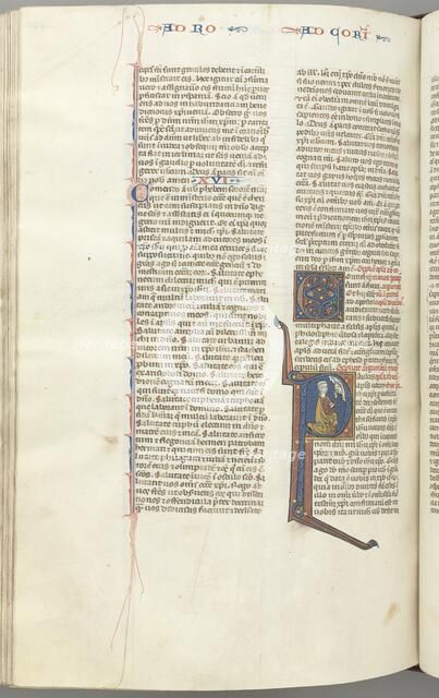 Fol. 440v, Corinthians I, historiated initial P, Paul kneeling talking to the bust of God above, c.  Creator: Unknown.