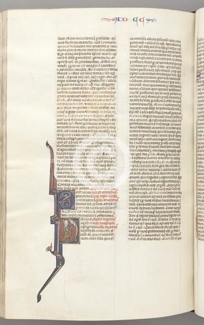 Fol. 445v, Corinthians II, historiated initial P, Paul standing with a sword…, c. 1275-1300. Creator: Unknown.