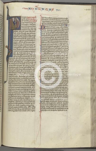 Fol. 449r, Galatians, historiated initial P, Paul seated with a sword…, c. 1275-1300. Creator: Unknown.