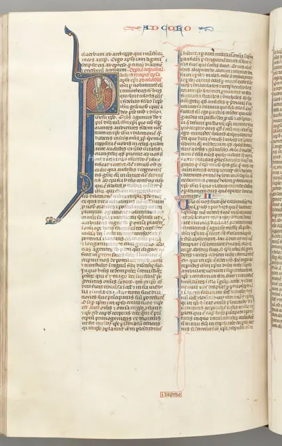 Fol. 453v, Colossians, historiated initial P, Paul standing talking to the bust of God above, c. 127 Creator: Unknown.