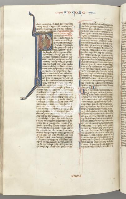 Fol. 453v, Colossians, historiated initial P, Paul standing talking to the bust of God above, c. 127 Creator: Unknown.