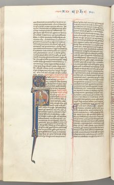 Fol. 450v, Ephesians, historiated initial P, Paul seated with a sword, the bust of God above, c. 127 Creator: Unknown
