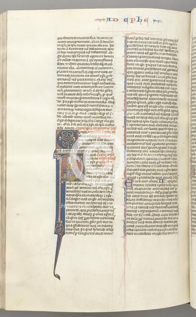 Fol. 450v, Ephesians, historiated initial P, Paul seated with a sword, the bust of God above, c. 127 Creator: Unknown.