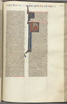 Fol. 452r, Philippians, historiated initial P, Paul standing with a sword and a scroll, talking to t Creator: Unknown