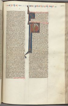 Fol. 452r, Philippians, historiated initial P, Paul standing with a sword and a scroll, talking to t Creator: Unknown