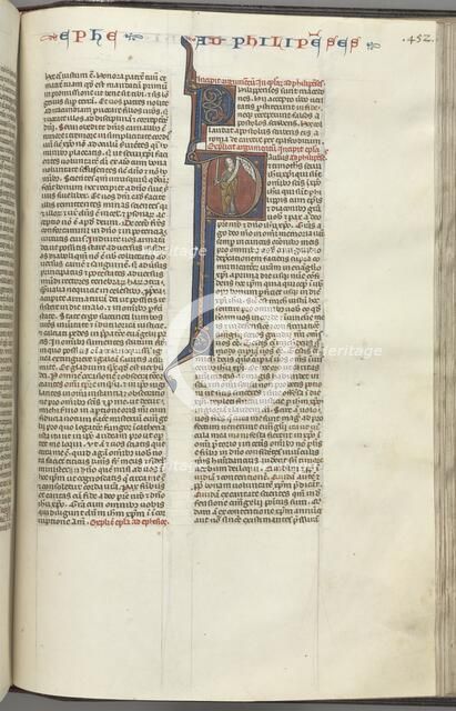 Fol. 452r, Philippians, historiated initial P, Paul standing with a sword and a scroll, talking to t Creator: Unknown.
