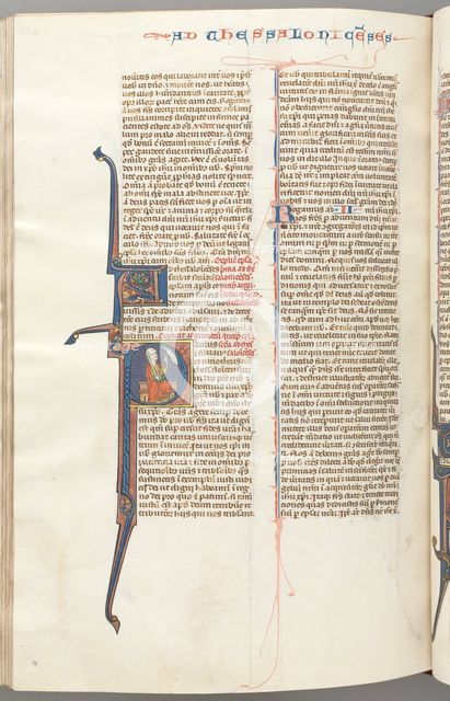 Fol. 455v, Thessalonians II, historiated initial P, Paul seated with a sword..., c. 1275-1300. Creator: Unknown.