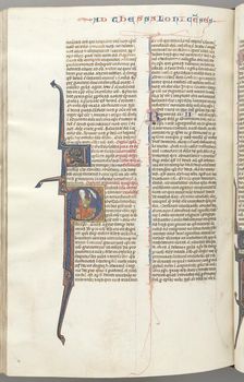 Fol. 455v, Thessalonians II, historiated initial P, Paul seated with a sword..., c. 1275-1300. Creator: Unknown