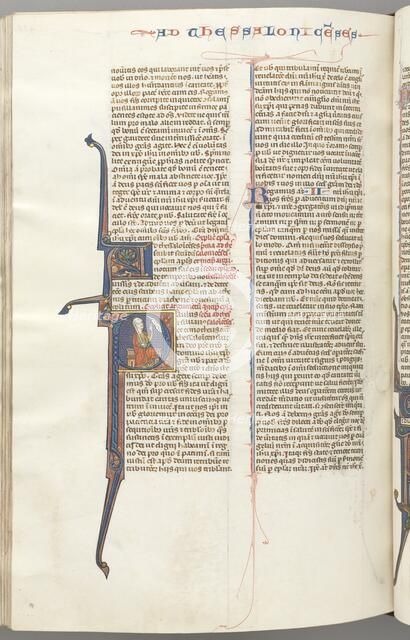 Fol. 455v, Thessalonians II, historiated initial P, Paul seated with a sword..., c. 1275-1300. Creator: Unknown.