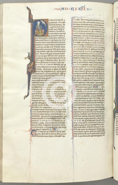 Fol. 458v, Titus, historiated initial P, Paul seated with a sword, c. 1275-1300. Creator: Unknown.