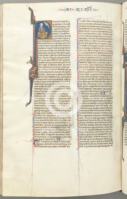 Fol. 458v, Titus, historiated initial P, Paul seated with a sword, c. 1275-1300. Creator: Unknown.