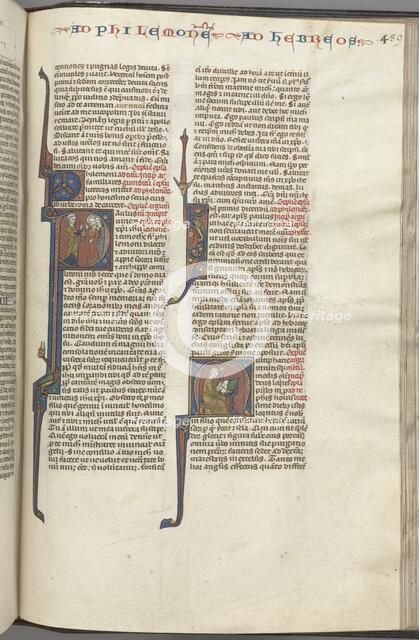 Fol. 459r, Philemon, historiated initial P, Paul addressing three men and Hebrews..., c. 1275-1300. Creator: Unknown.