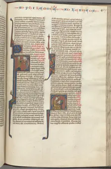 Fol. 459r, Philemon, historiated initial P, Paul addressing three men and Hebrews..., c. 1275-1300. Creator: Unknown