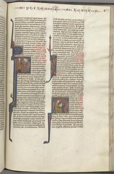 Fol. 459r, Philemon, historiated initial P, Paul addressing three men and Hebrews..., c. 1275-1300. Creator: Unknown