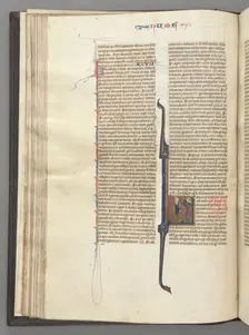 Fol. 46v, Numbers, historiated initial L, Moses with horns, kneeling before God, c. 1275-1300. Creator: Unknown