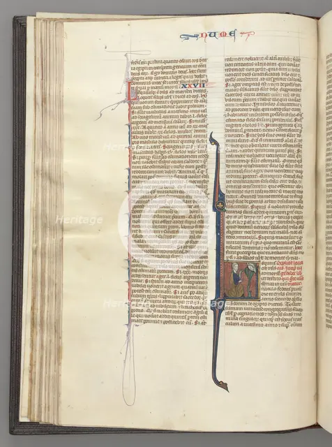 Fol. 46v, Numbers, historiated initial L, Moses with horns, kneeling before God, c. 1275-1300. Creator: Unknown.