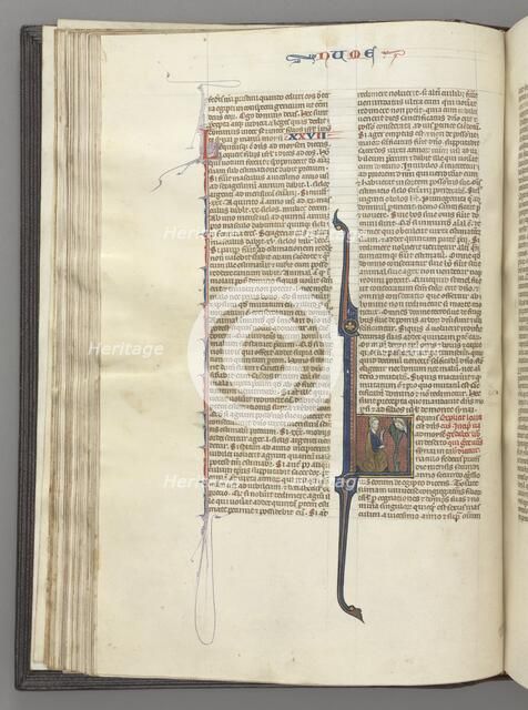 Fol. 46v, Numbers, historiated initial L, Moses with horns, kneeling before God, c. 1275-1300. Creator: Unknown.