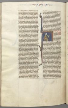 Fol. 482v, Revelations, historiated initial A, John seated at a desk writing..., c. 1275-1300. Creator: Unknown