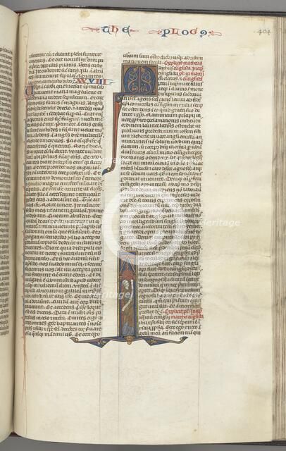 Fol. 404r, Mark, historiated initial I, Mark standing with a scroll, c. 1275-1300. Creator: Unknown.