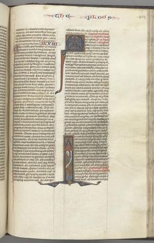 Fol. 404r, Mark, historiated initial I, Mark standing with a scroll, c. 1275-1300. Creator: Unknown