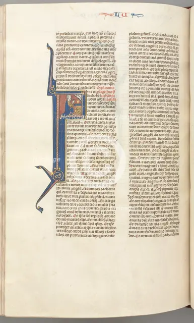 Fol. 412v, Luke, historiated initial F, Luke praying at an altar, bust of God above, c. 1275-1300. Creator: Unknown.