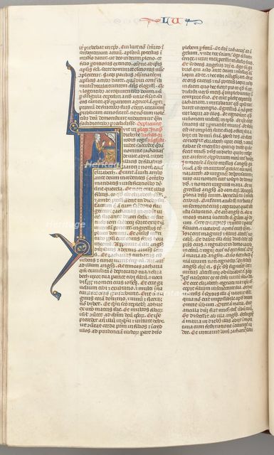 Fol. 412v, Luke, historiated initial F, Luke praying at an altar, bust of God above, c. 1275-1300. Creator: Unknown.