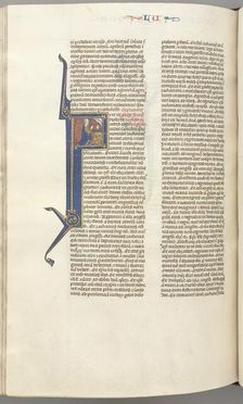 Fol. 412v, Luke, historiated initial F, Luke praying at an altar, bust of God above, c. 1275-1300. Creator: Unknown