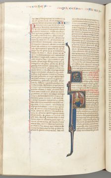 Fol. 435v, Romans, historiated initial P, Paul seated with a sword talking to the bust of God..., c. Creator: Unknown
