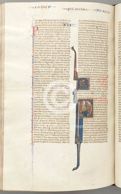 Fol. 435v, Romans, historiated initial P, Paul seated with a sword talking to the bust of God..., c. Creator: Unknown.