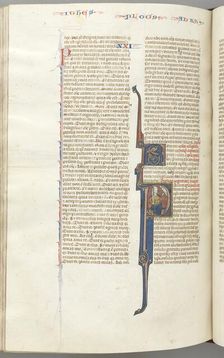 Fol. 435v, Romans, historiated initial P, Paul seated with a sword talking to the bust of God..., c. Creator: Unknown