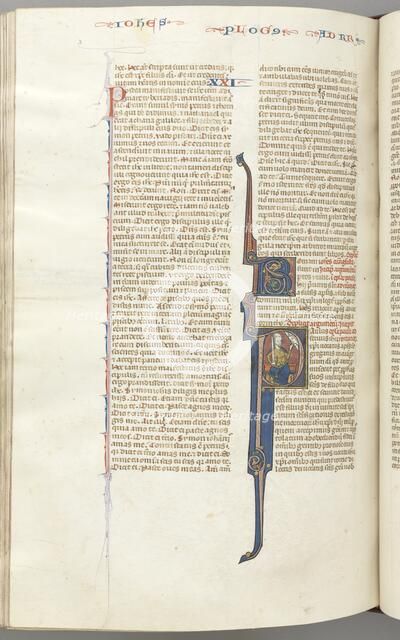 Fol. 435v, Romans, historiated initial P, Paul seated with a sword talking to the bust of God..., c. Creator: Unknown.