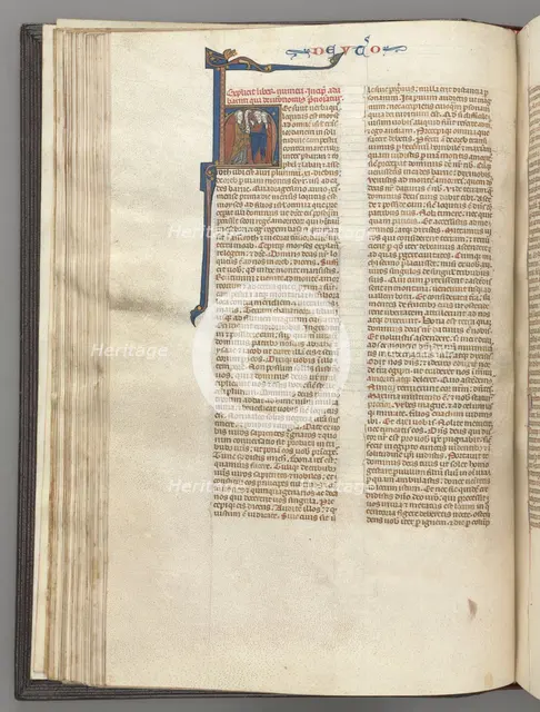 Fol. 62v, Deuteronomy, historiated initial H, Moses with horns and scroll preaching..., c. 1275-1300 Creator: Unknown.