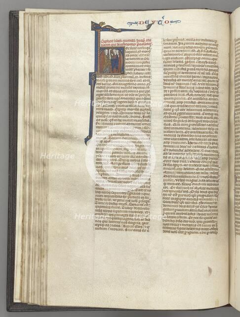 Fol. 62v, Deuteronomy, historiated initial H, Moses with horns and scroll preaching..., c. 1275-1300 Creator: Unknown.