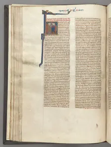Fol. 62v, Deuteronomy, historiated initial H, Moses with horns and scroll preaching..., c. 1275-1300 Creator: Unknown