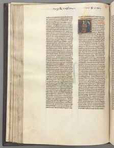 Fol. 76v, Joshua, historiated initial E, Joshua with a scroll kneeling before God, c. 1275-1300. Creator: Unknown