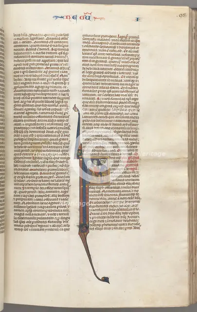 Fol. 98r, Kings I, historiated initial F, Elkanah and Hannah kneeling before an altar..., c. 1275-13 Creator: Unknown.