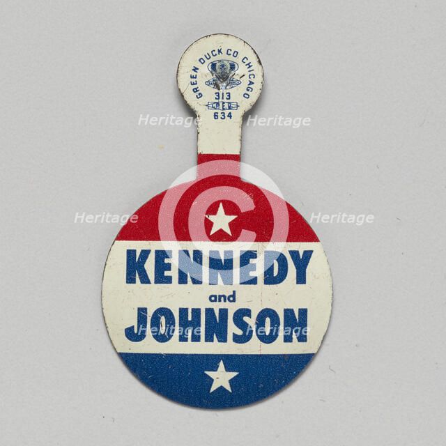 Folding tab button for Kennedy - Johnson 1960 presidential campaign, 1960. Creator: Green Duck Company.