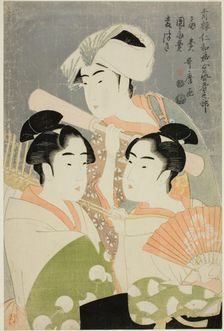 Folding Fan Seller, Round Fan Seller, and Barley Pounder (Ogi-uri, uchiwa-uri, mugi-tsuki)..., 1793. Creator: Kitagawa Utamaro
