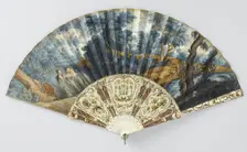 Folding fan with forest and river landscape, and three nymphs, c.1760. Creator: Anon