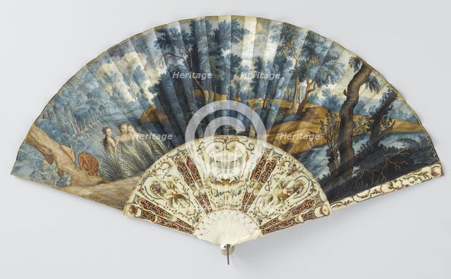 Folding fan with forest and river landscape, and three nymphs, c.1760. Creator: Anon.