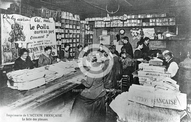 Folding machine room, printing works of the L'Action Francaise newspaper, Paris, 1917. Artist: Unknown