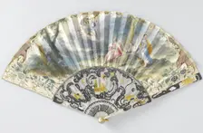 Folding paper fan depicting Hermes holding a woman's portrait, c.1750. Creator: Anon