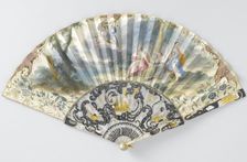 Folding paper fan depicting Hermes holding a woman's portrait, c.1750. Creator: Anon