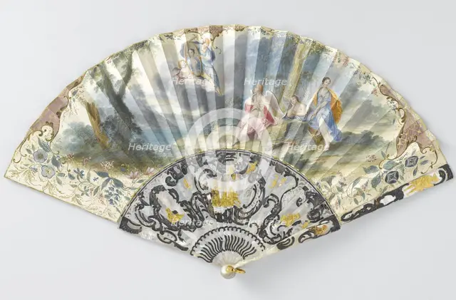Folding paper fan depicting Hermes holding a woman's portrait, c.1750.  Creator: Anon.
