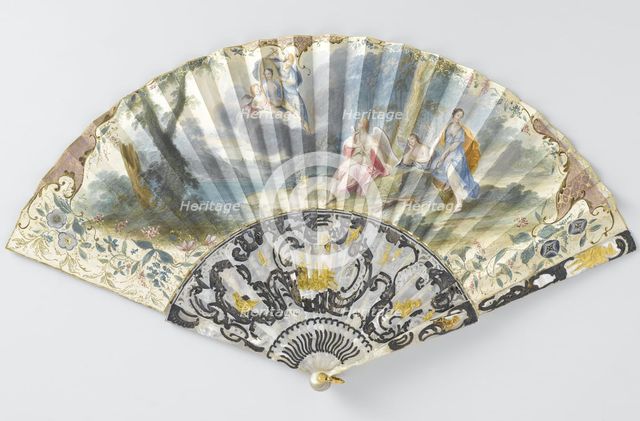 Folding paper fan depicting Hermes holding a woman's portrait, c.1750.  Creator: Anon.