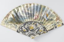 Folding paper fan depicting Hermes holding a woman's portrait, c.1750. Creator: Anon