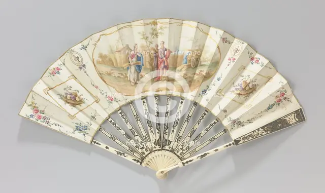 Folding paper fan with the meeting of Ruth and Boaz during the corn harvest, c.1780-c.1795.  Creator: Anon.