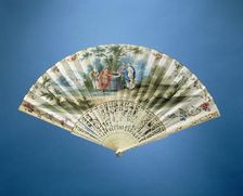 Folding paper fan with Rebecca and Eliezer at the well, c.1745-c.1755. Creator: Anon