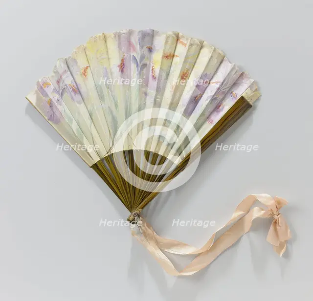 Folding silk fan painted with yellow and mauve irises, 1911.  Creator: C.D. le Lorrain.